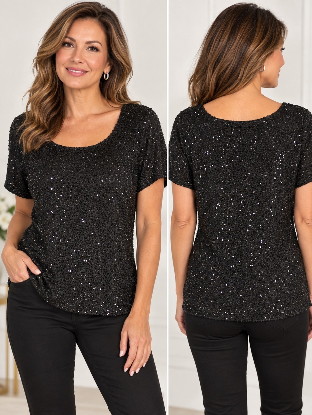 Laurence Kazar Black Sequin Short Sleeve Scoop Neck Top